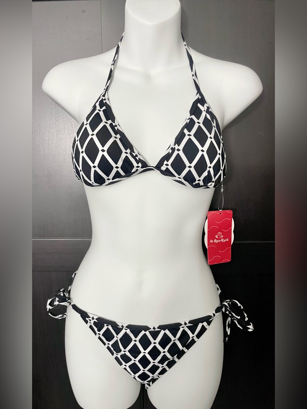 All Rose Rich ~ Reversible Black & White Lattice Tie-Side Bikini - NWT L